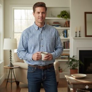 L.L. Bean Men's Wrinkle Resistant Blue White Plaid Button Down Cotton Shirt LG‎